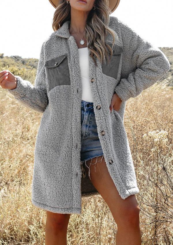 Collared Neck Long Sleeve Longline Teddy Jacket - Clothes For Her Online Store