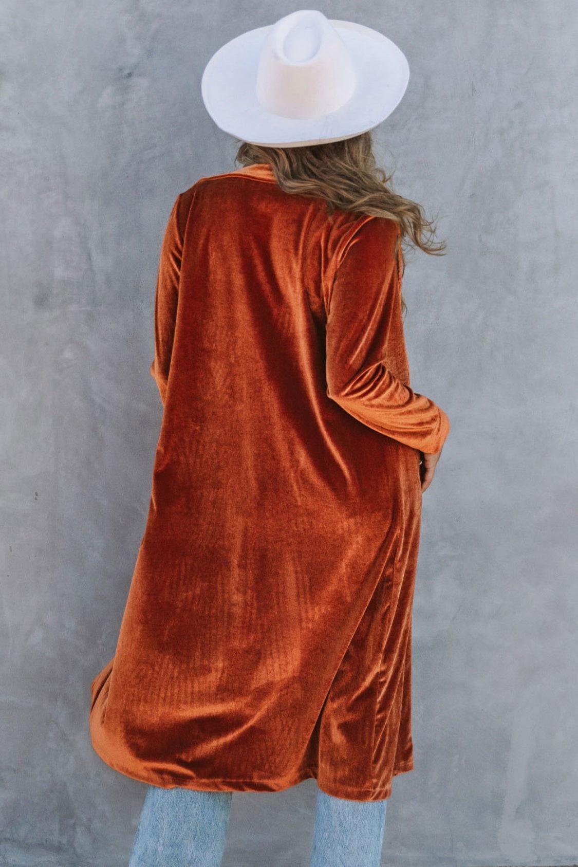 Collared Neck Longline Velvet Cardigan with Pockets - Clothes For Her Online Store