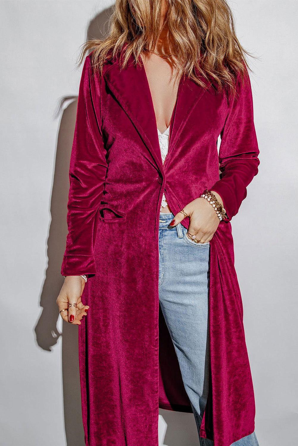 Collared Neck Longline Velvet Cardigan with Pockets - Clothes For Her Online Store