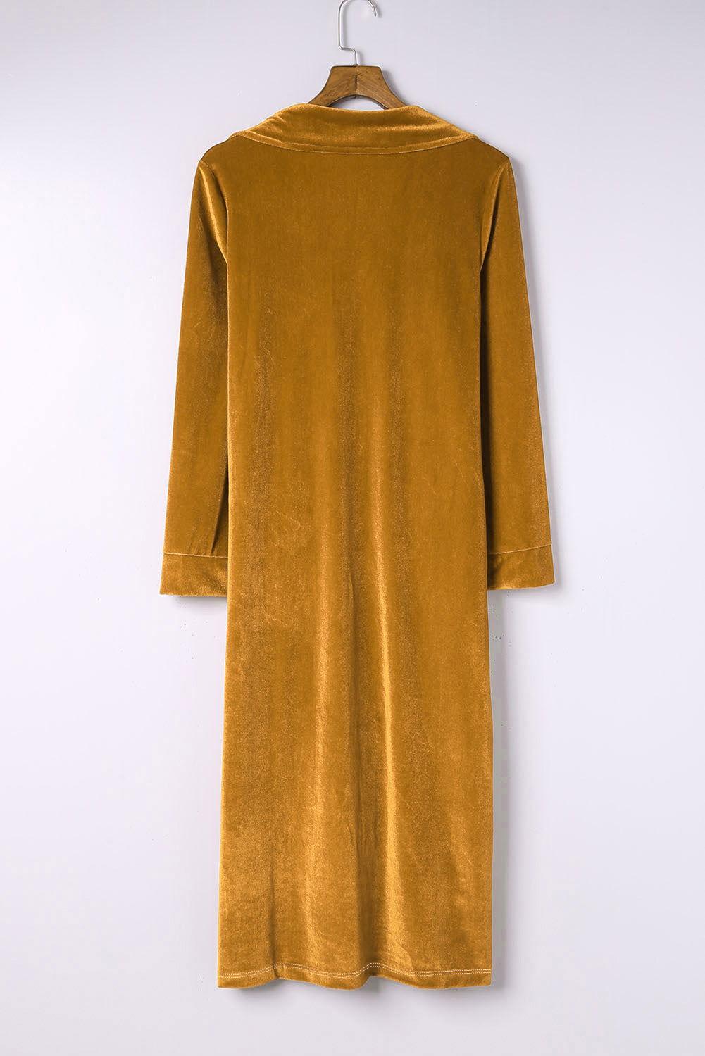 Collared Neck Longline Velvet Cardigan with Pockets - Clothes For Her Online Store