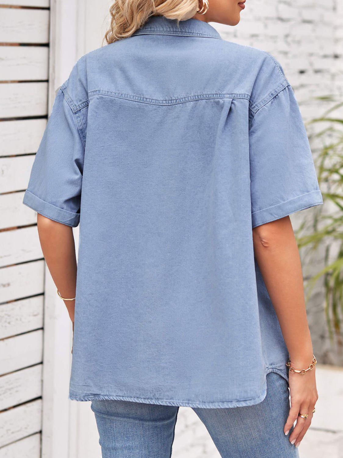 Collared Neck Short Sleeve Denim Jacket - Clothes For Her Online Store