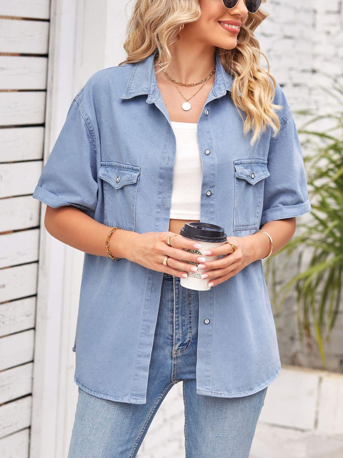 Collared Neck Short Sleeve Denim Jacket - Clothes For Her Online Store