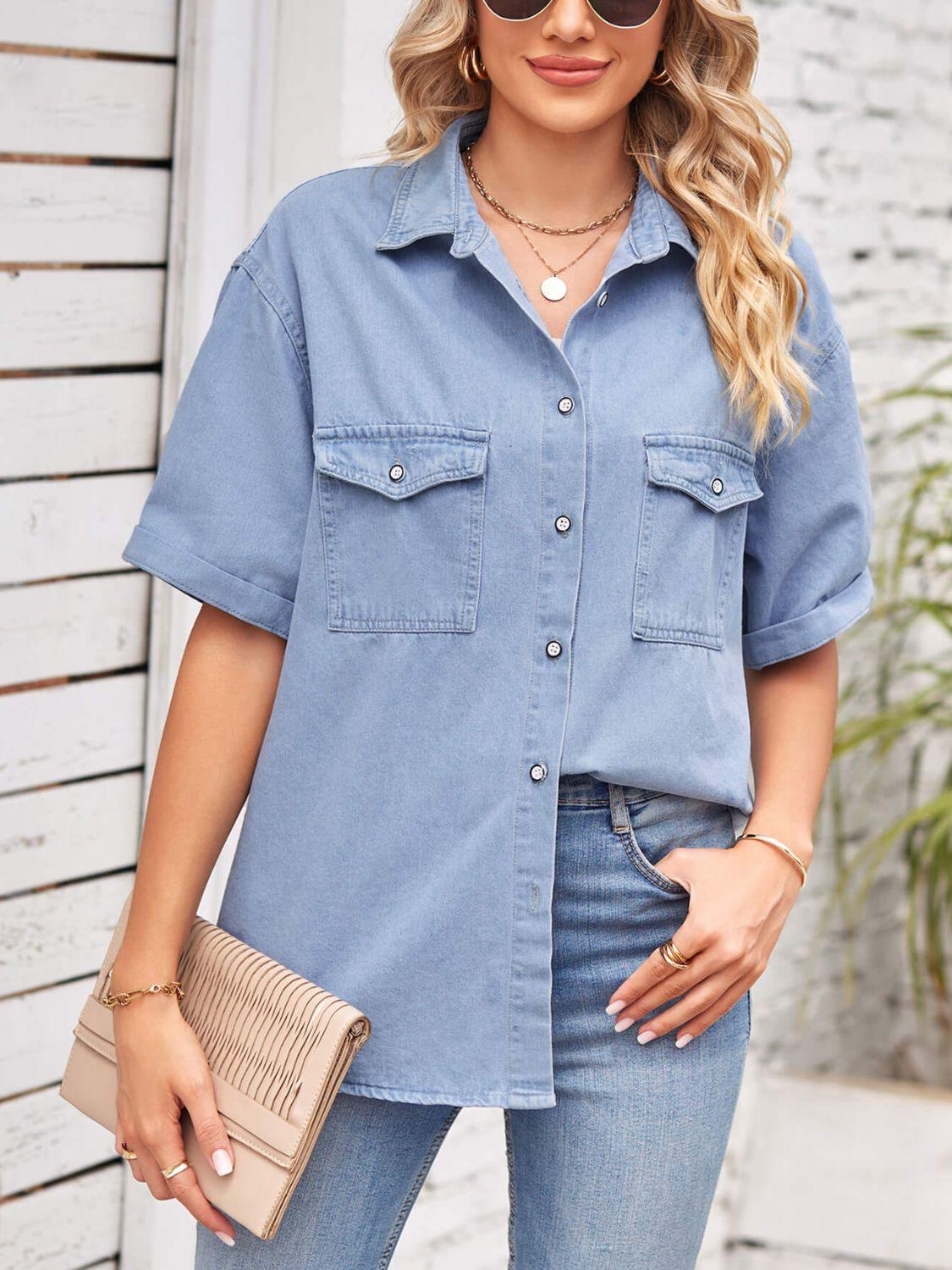 Collared Neck Short Sleeve Denim Jacket - Clothes For Her Online Store