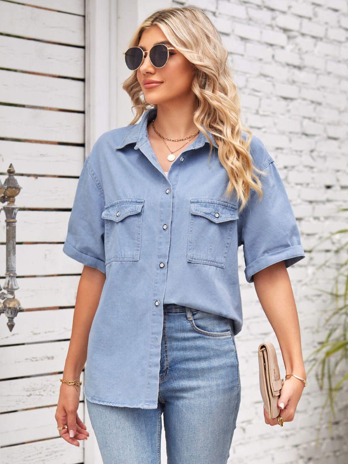Collared Neck Short Sleeve Denim Jacket - Clothes For Her Online Store