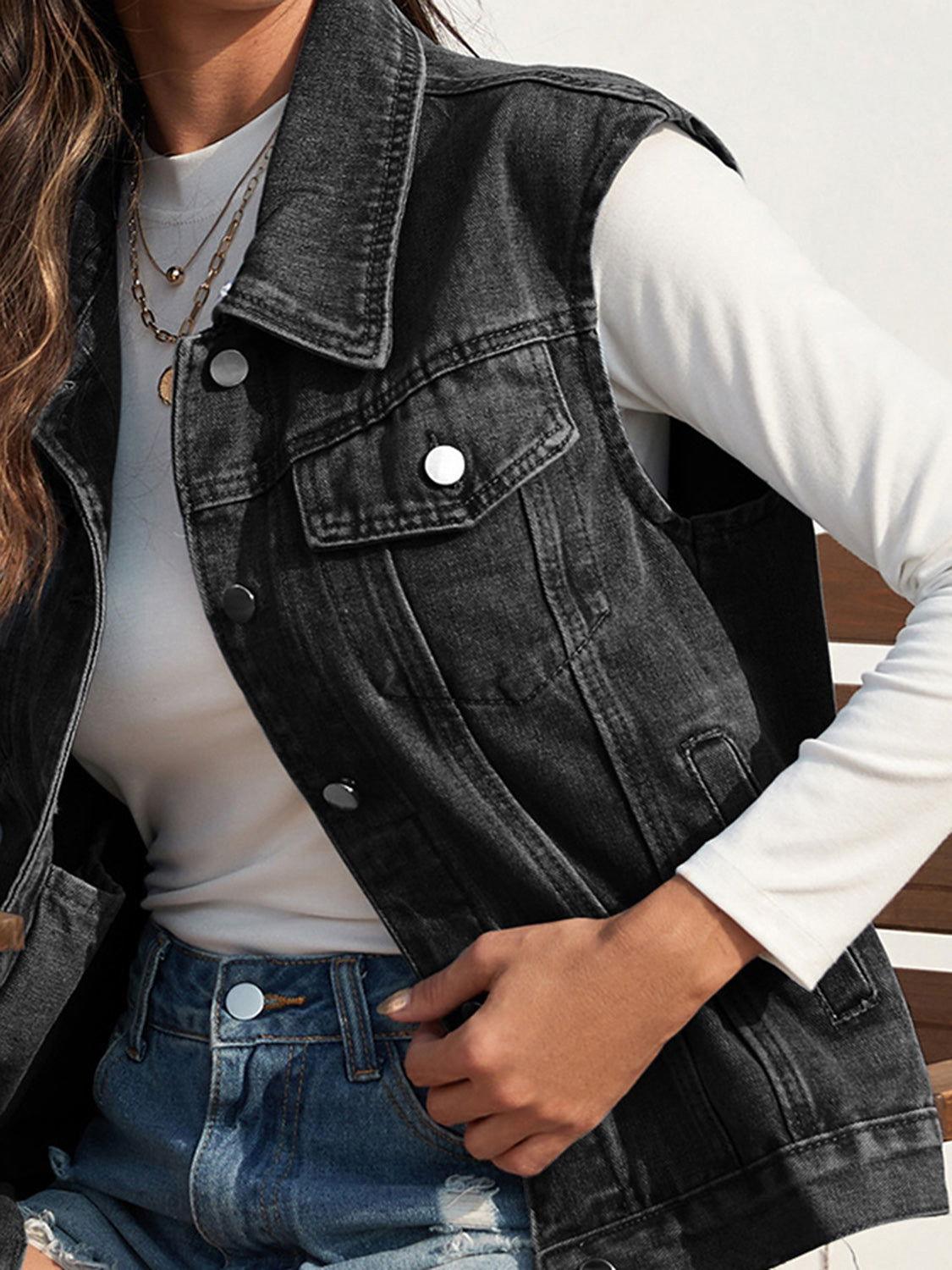 Collared Neck Sleeveless Denim Jacket - Clothes For Her Online Store