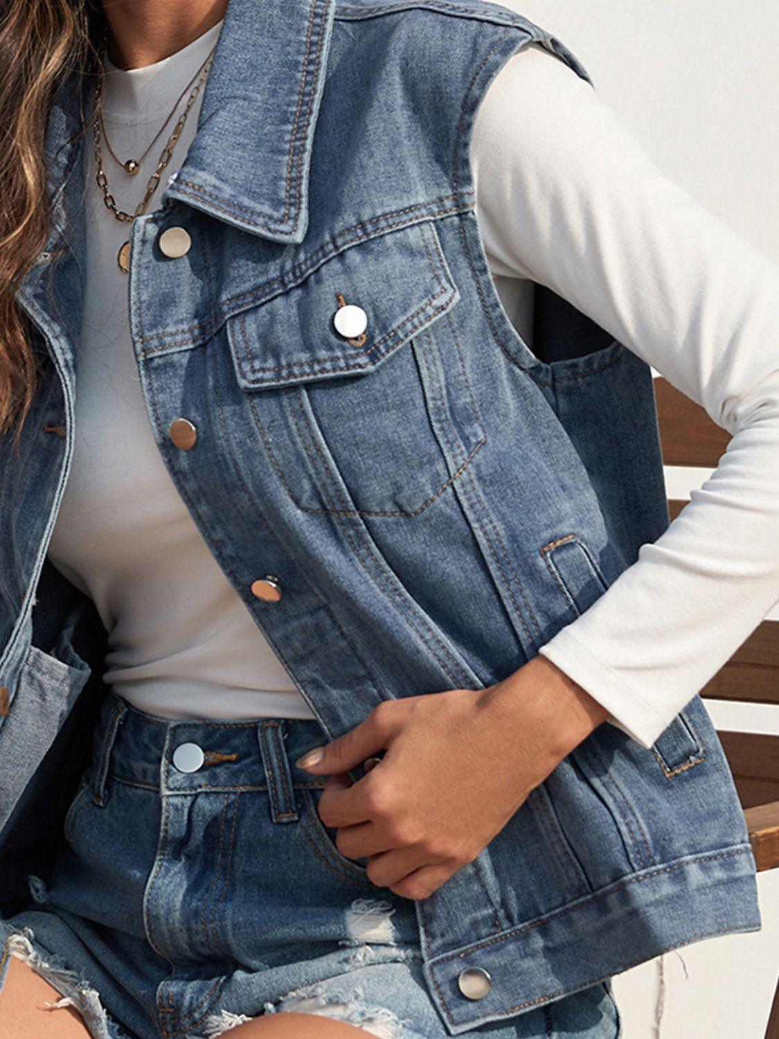 Collared Neck Sleeveless Denim Jacket - Clothes For Her Online Store