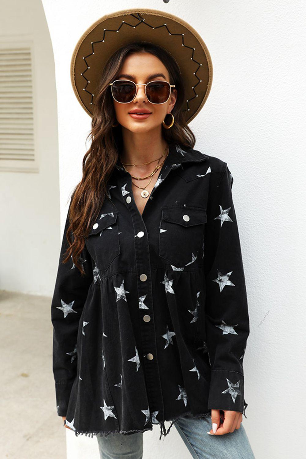 Collared Neck Star Print Long Sleeve Denim Jacket - Clothes For Her Online Store