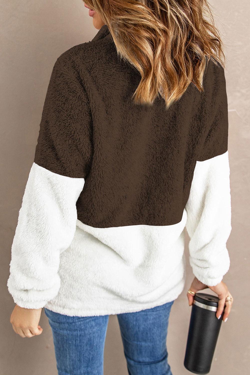 Color Block Half Zip Long Sleeve Fuzzy Sweatshirt - Clothes For Her Online Store