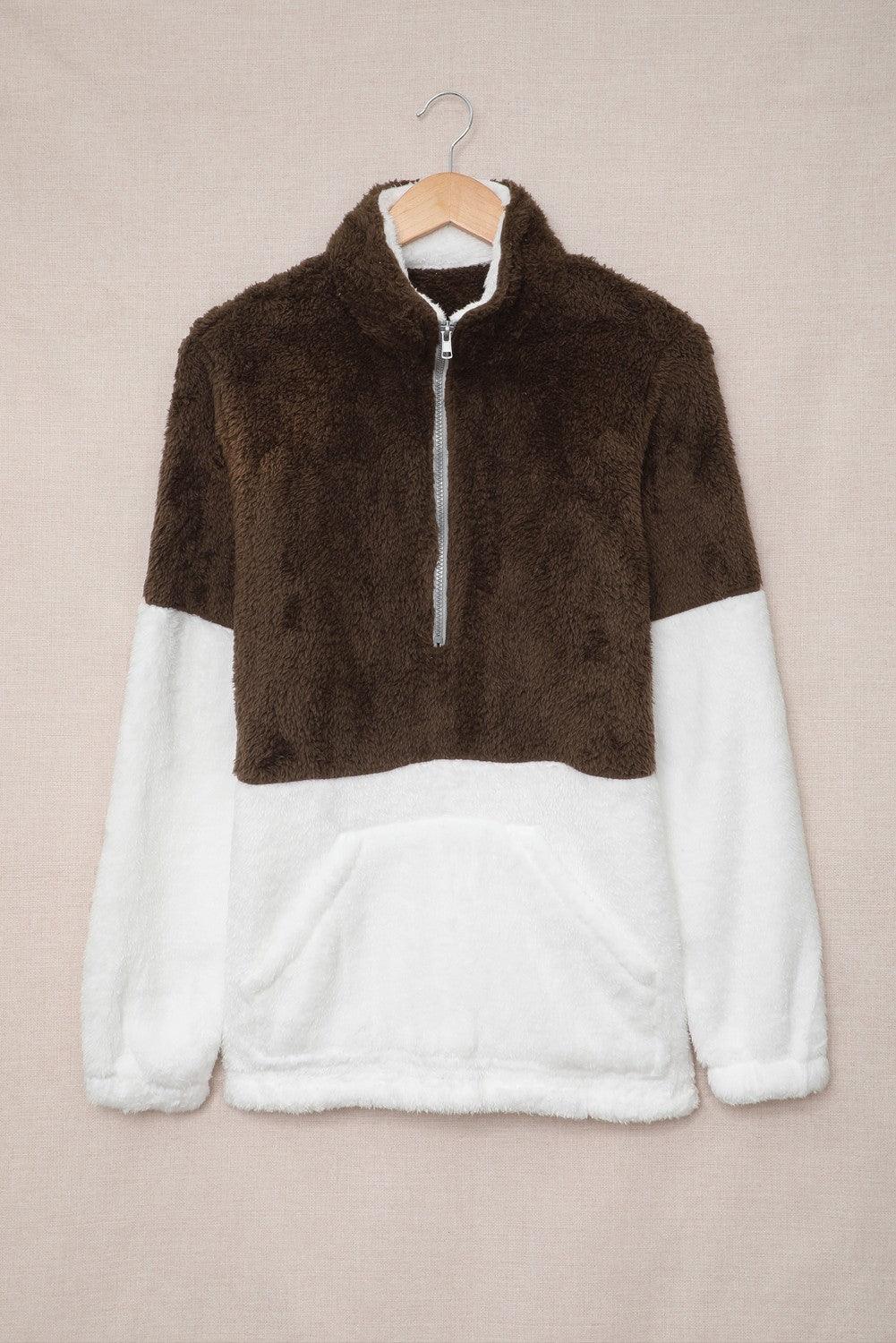 Color Block Half Zip Long Sleeve Fuzzy Sweatshirt - Clothes For Her Online Store