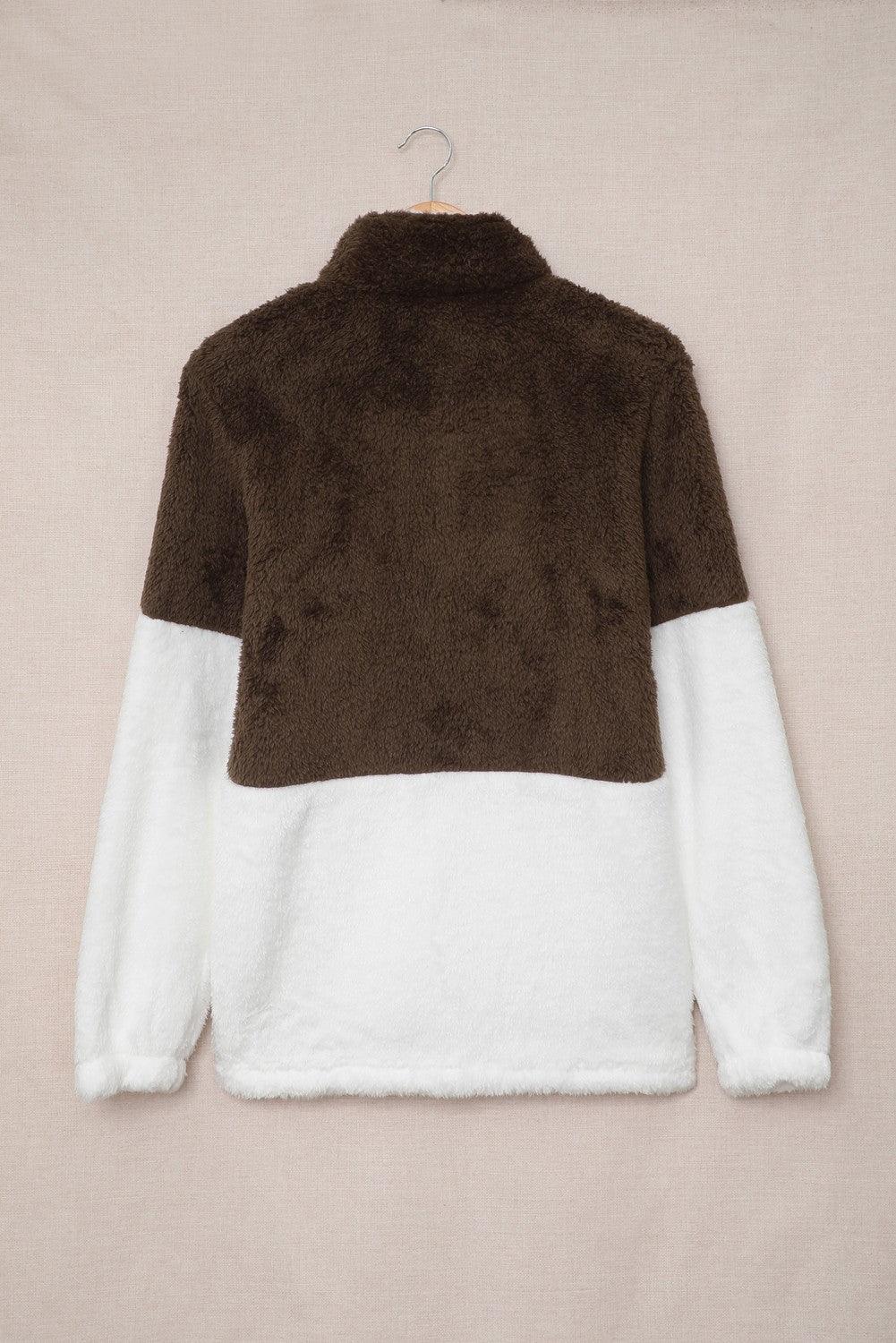 Color Block Half Zip Long Sleeve Fuzzy Sweatshirt - Clothes For Her Online Store