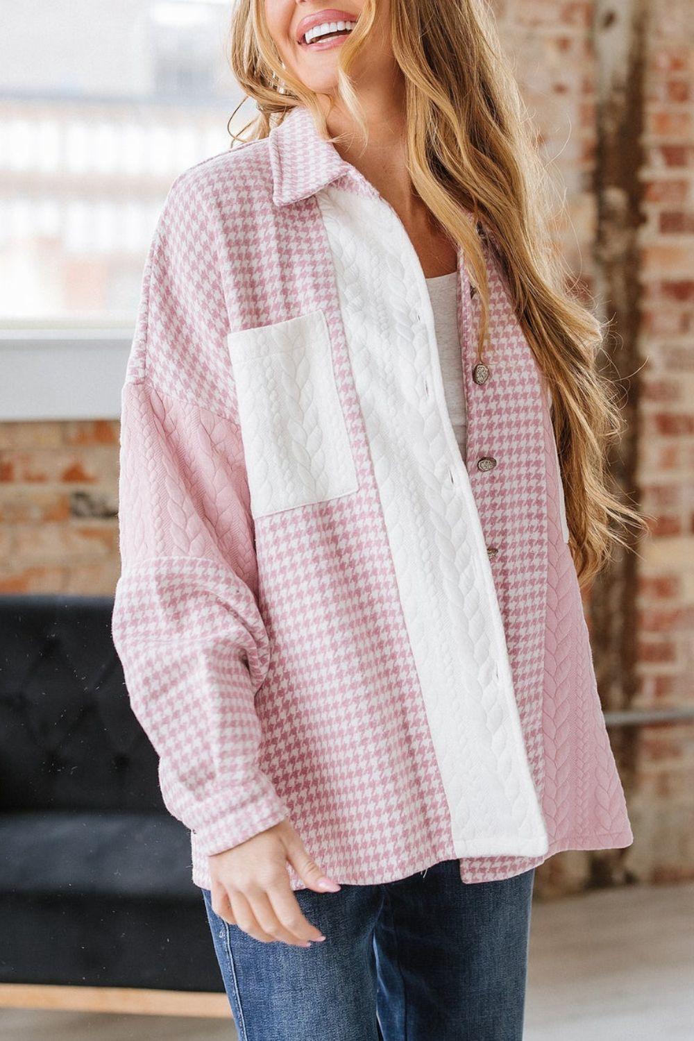 Color Block Houndstooth Collared Neck Shacket - Clothes For Her Online Store