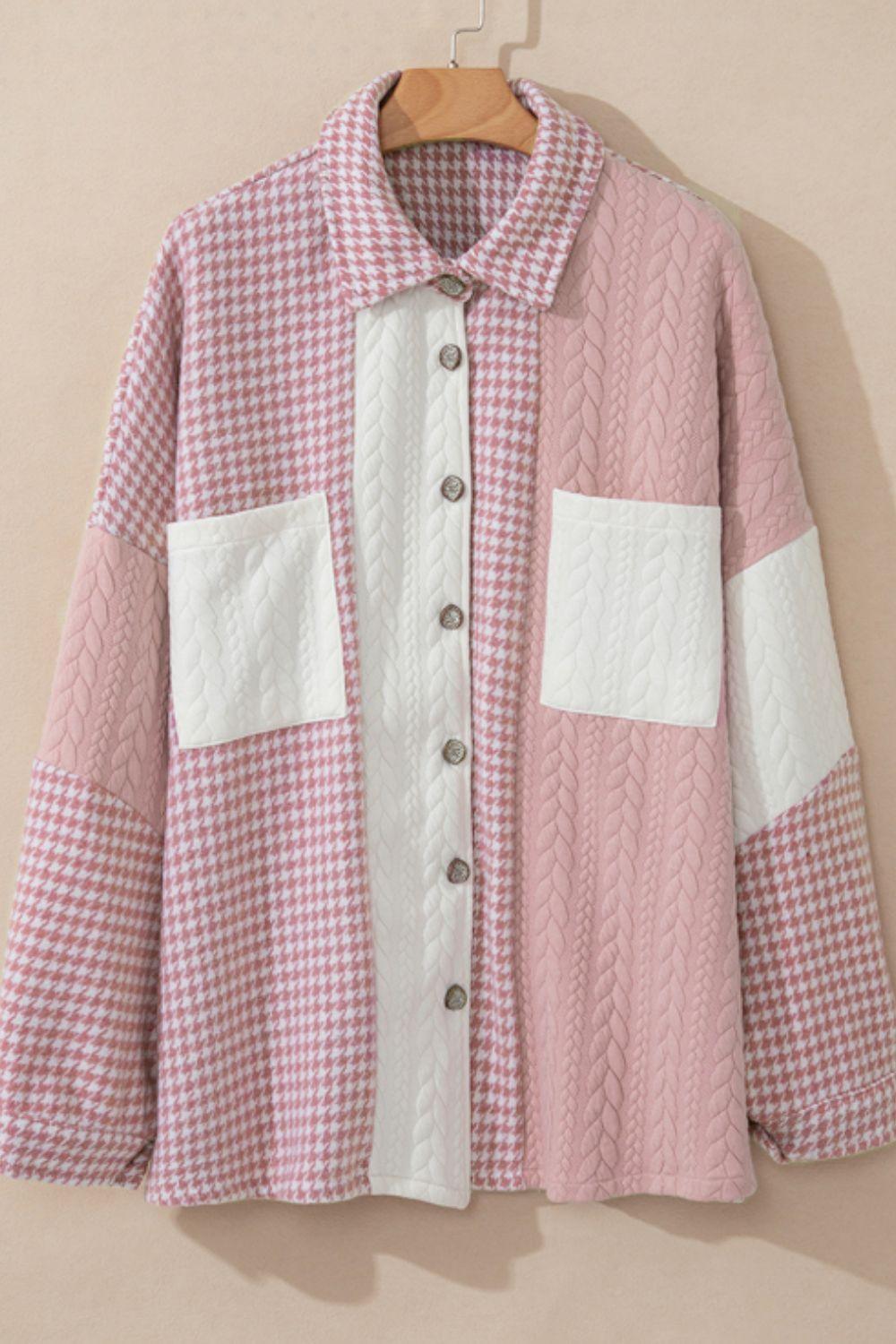 Color Block Houndstooth Collared Neck Shacket - Clothes For Her Online Store