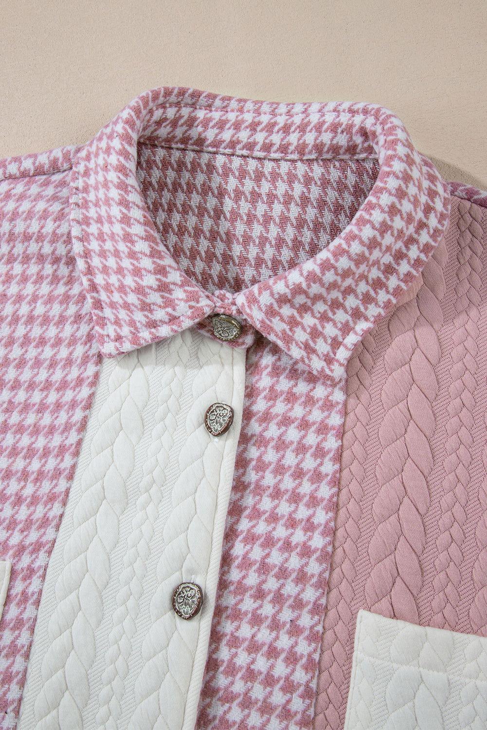 Color Block Houndstooth Collared Neck Shacket - Clothes For Her Online Store