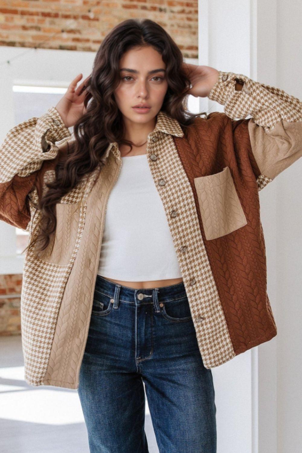 Color Block Houndstooth Collared Neck Shacket - Clothes For Her Online Store