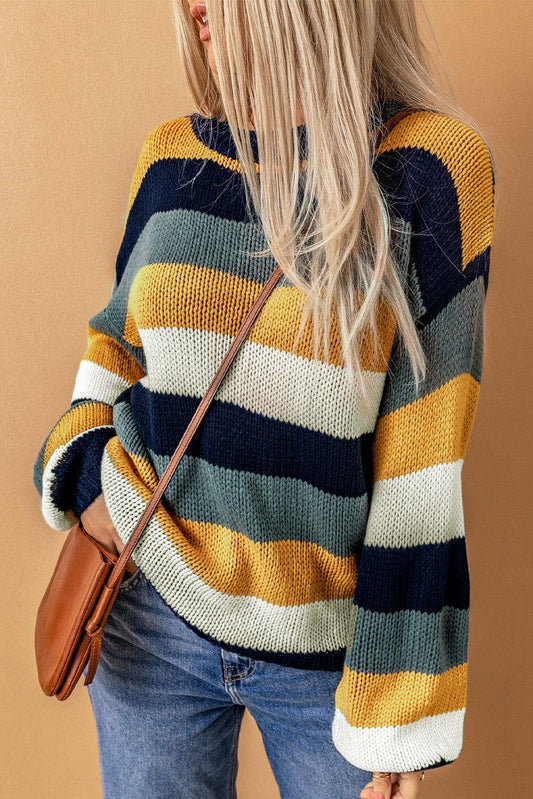 Color Block Round Neck Dropped Shoulder Sweater - Clothes For Her Online Store