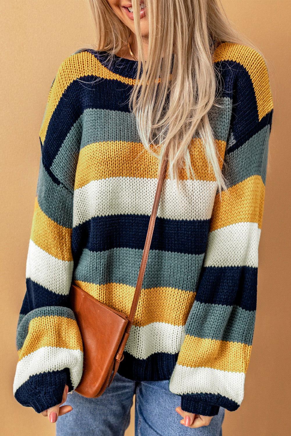 Color Block Round Neck Dropped Shoulder Sweater - Clothes For Her Online Store