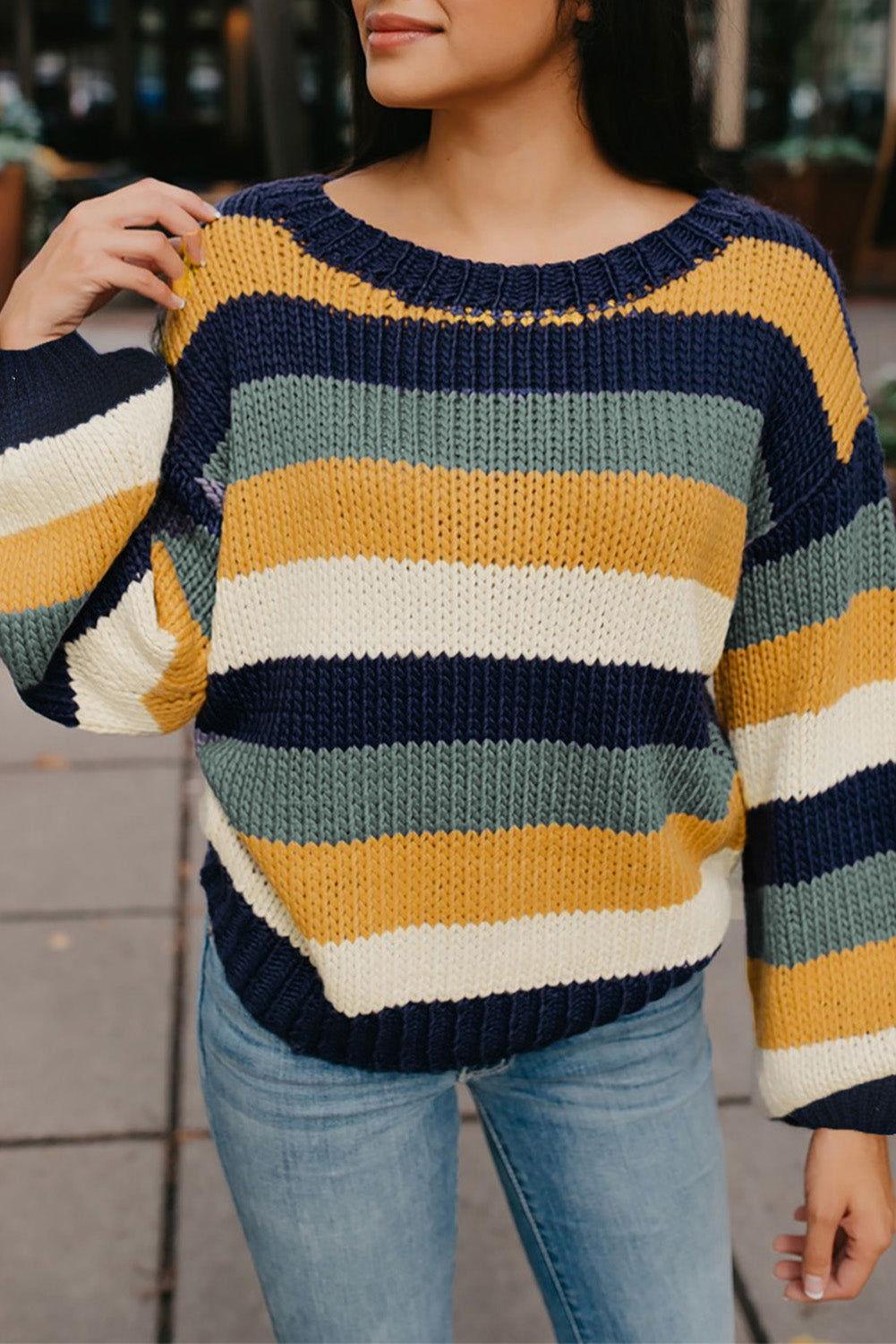 Color Block Round Neck Dropped Shoulder Sweater - Clothes For Her Online Store