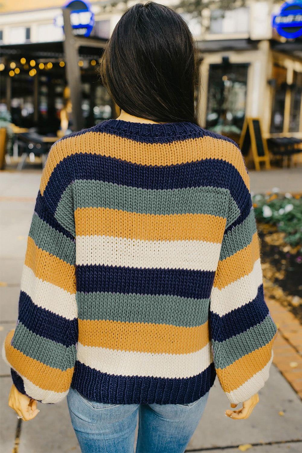 Color Block Round Neck Dropped Shoulder Sweater - Clothes For Her Online Store