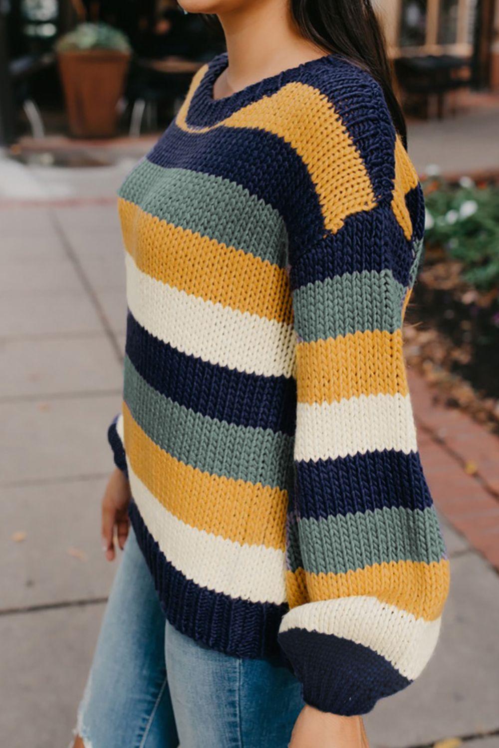Color Block Round Neck Dropped Shoulder Sweater - Clothes For Her Online Store
