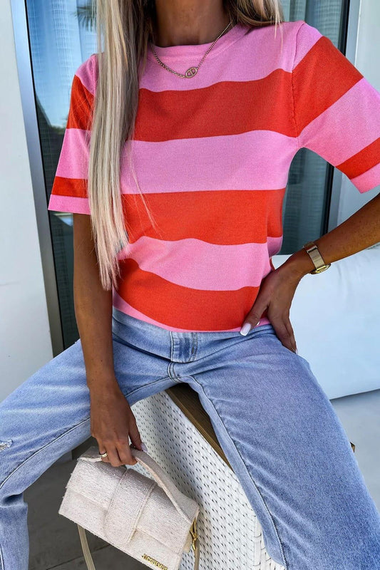 Color Block Round Neck Half Sleeve Top - Clothes For Her Online Store