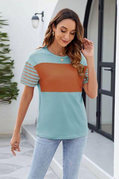 Color Block Round Neck Short Sleeve T-Shirt - Clothes For Her Online Store