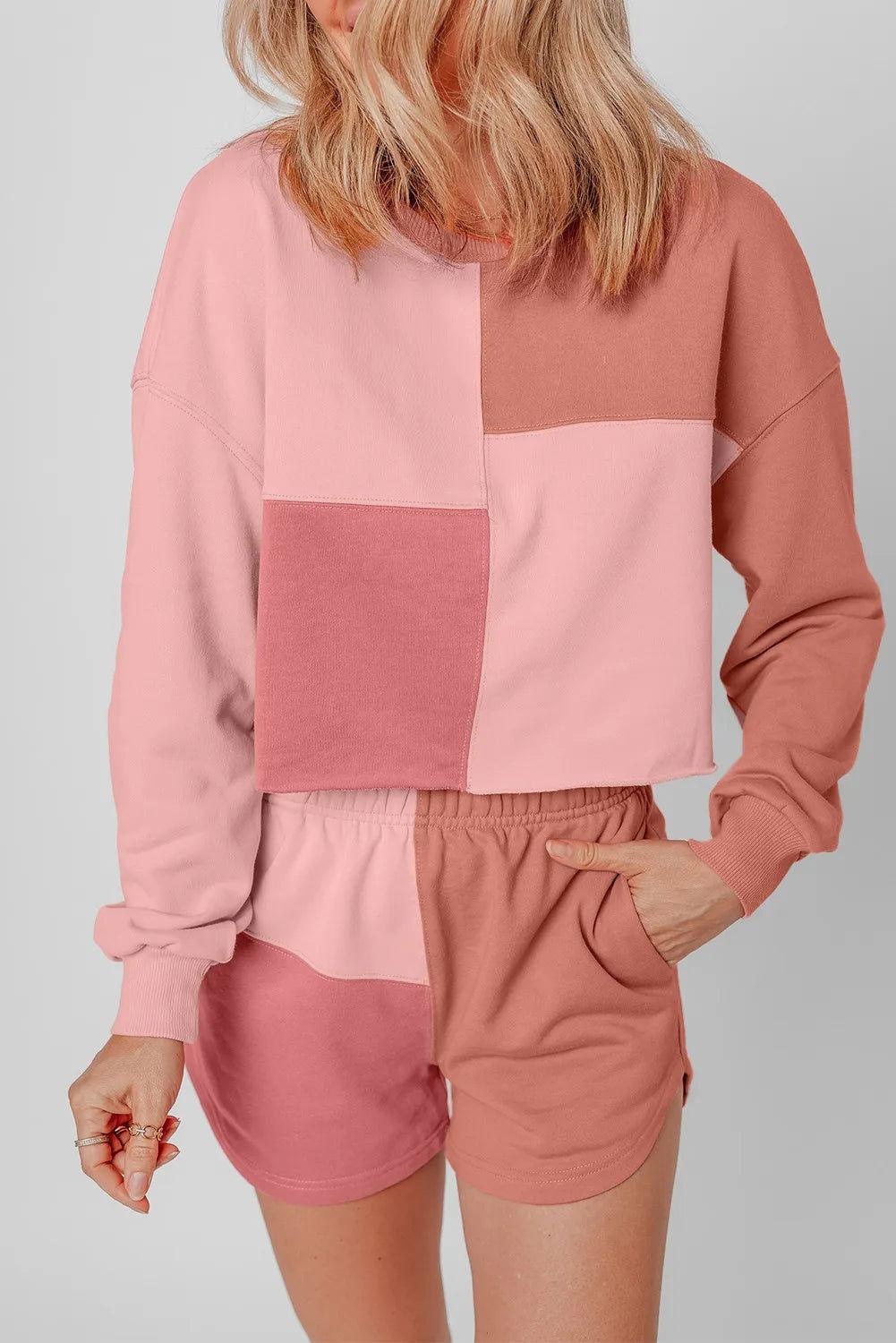 Color Block Round Neck Top and Shorts Set - Clothes For Her Online Store