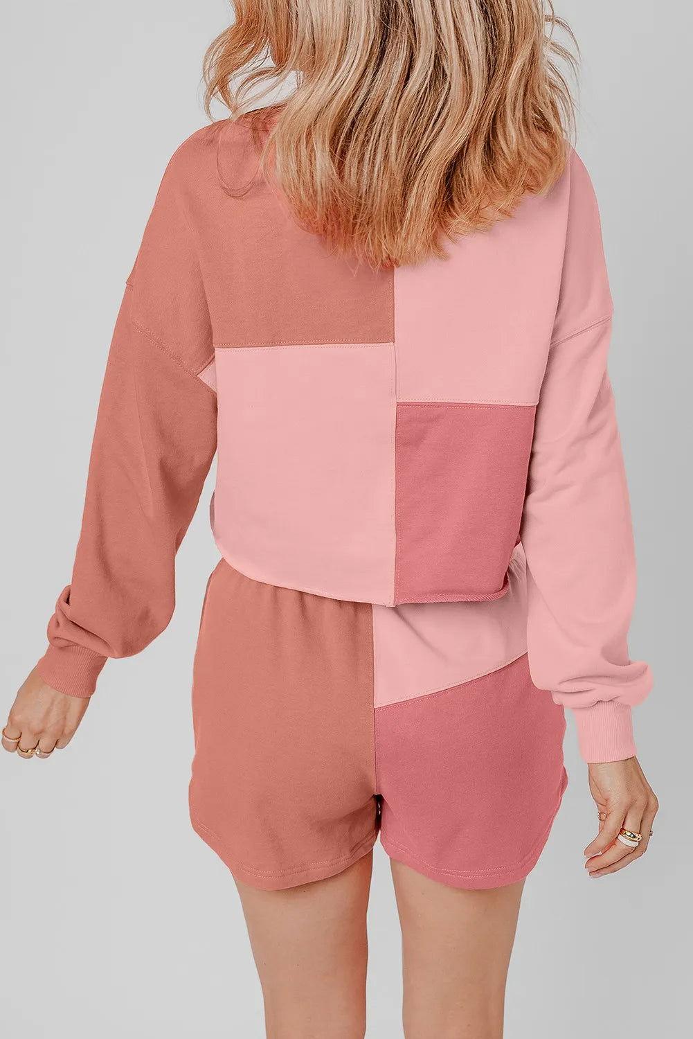 Color Block Round Neck Top and Shorts Set - Clothes For Her Online Store