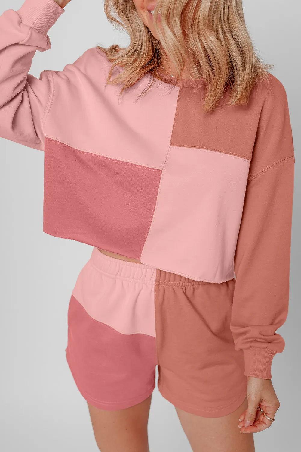 Color Block Round Neck Top and Shorts Set - Clothes For Her Online Store