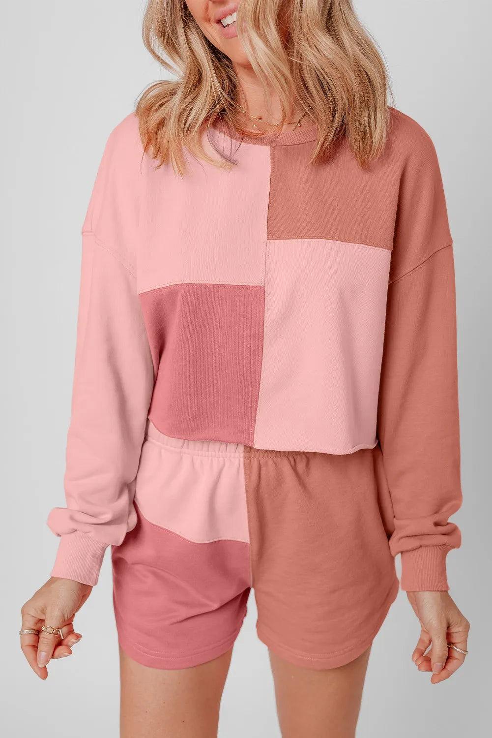 Color Block Round Neck Top and Shorts Set - Clothes For Her Online Store