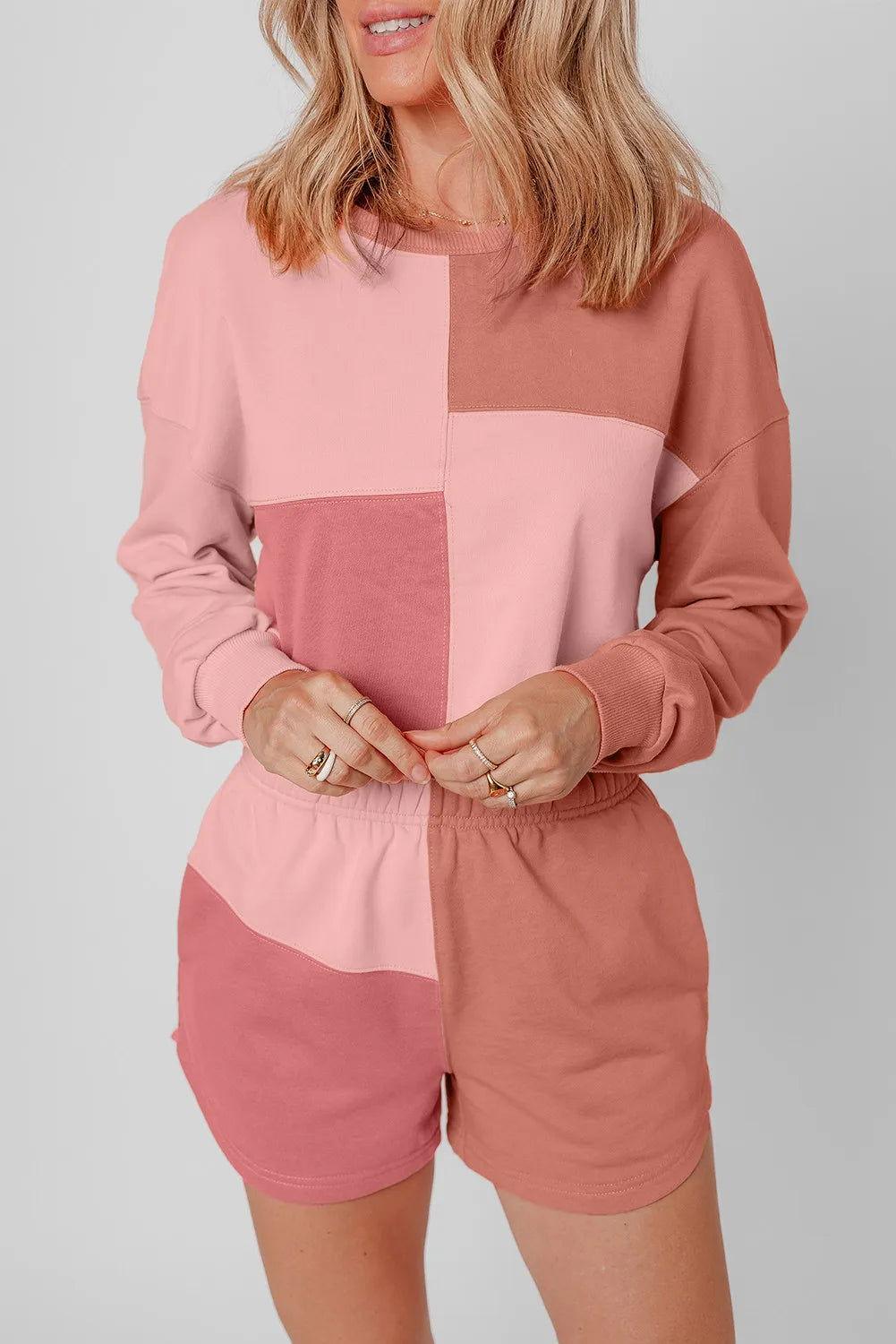 Color Block Round Neck Top and Shorts Set - Clothes For Her Online Store