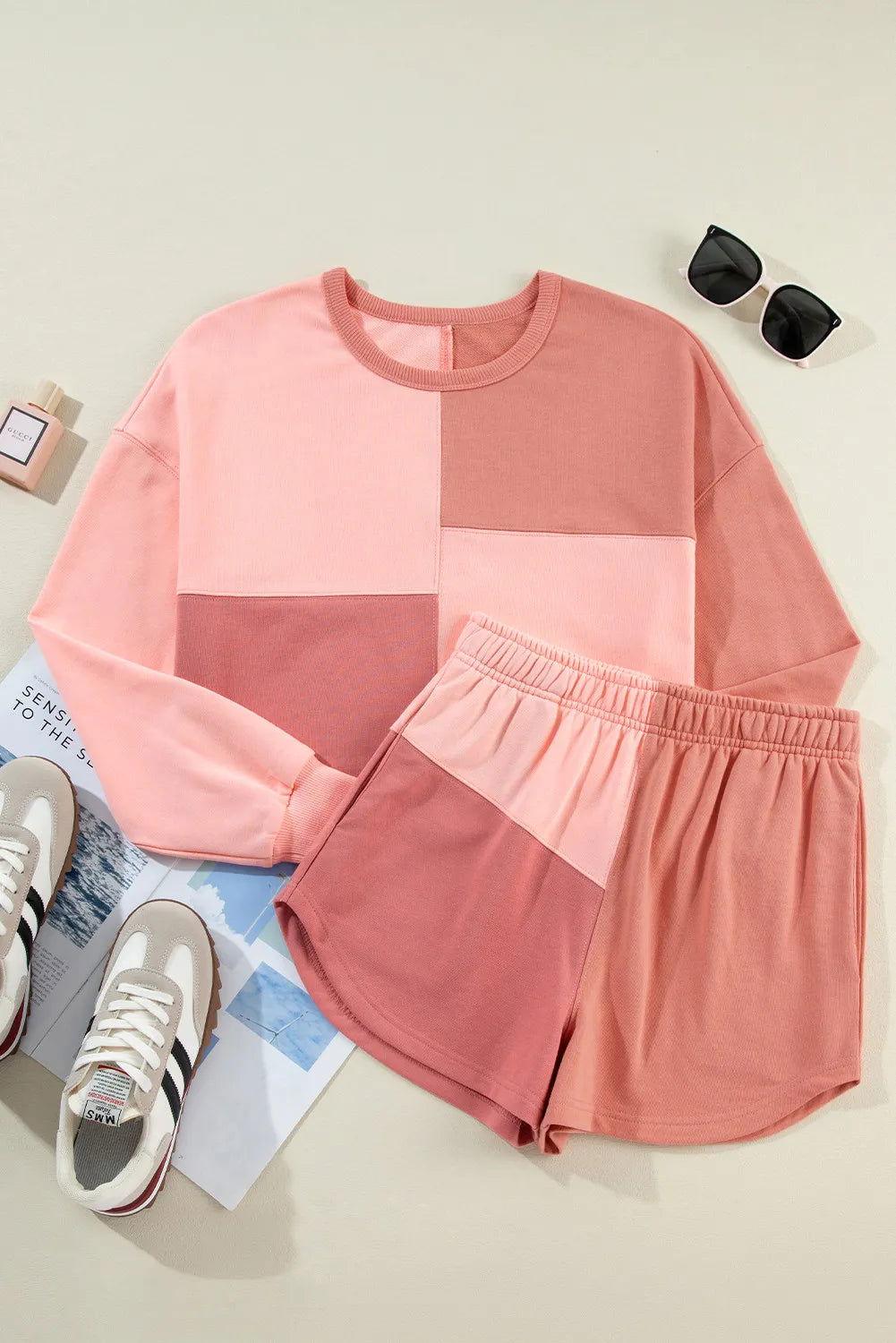 Color Block Round Neck Top and Shorts Set - Clothes For Her Online Store