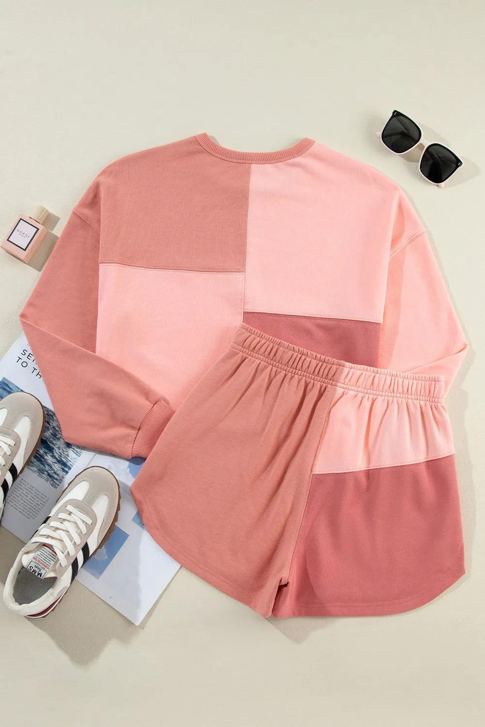 Color Block Round Neck Top and Shorts Set - Clothes For Her Online Store