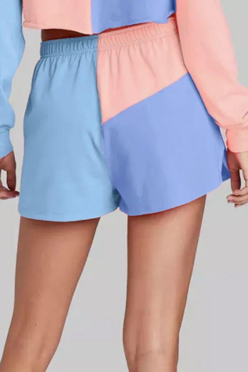 Color Block Round Neck Top and Shorts Set - Clothes For Her Online Store