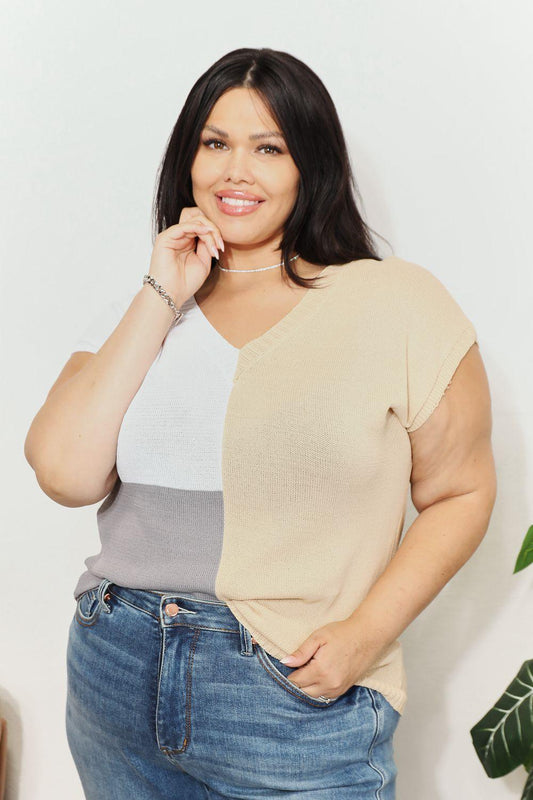 Color Block V-Neck Knit Top - Clothes For Her Online Store
