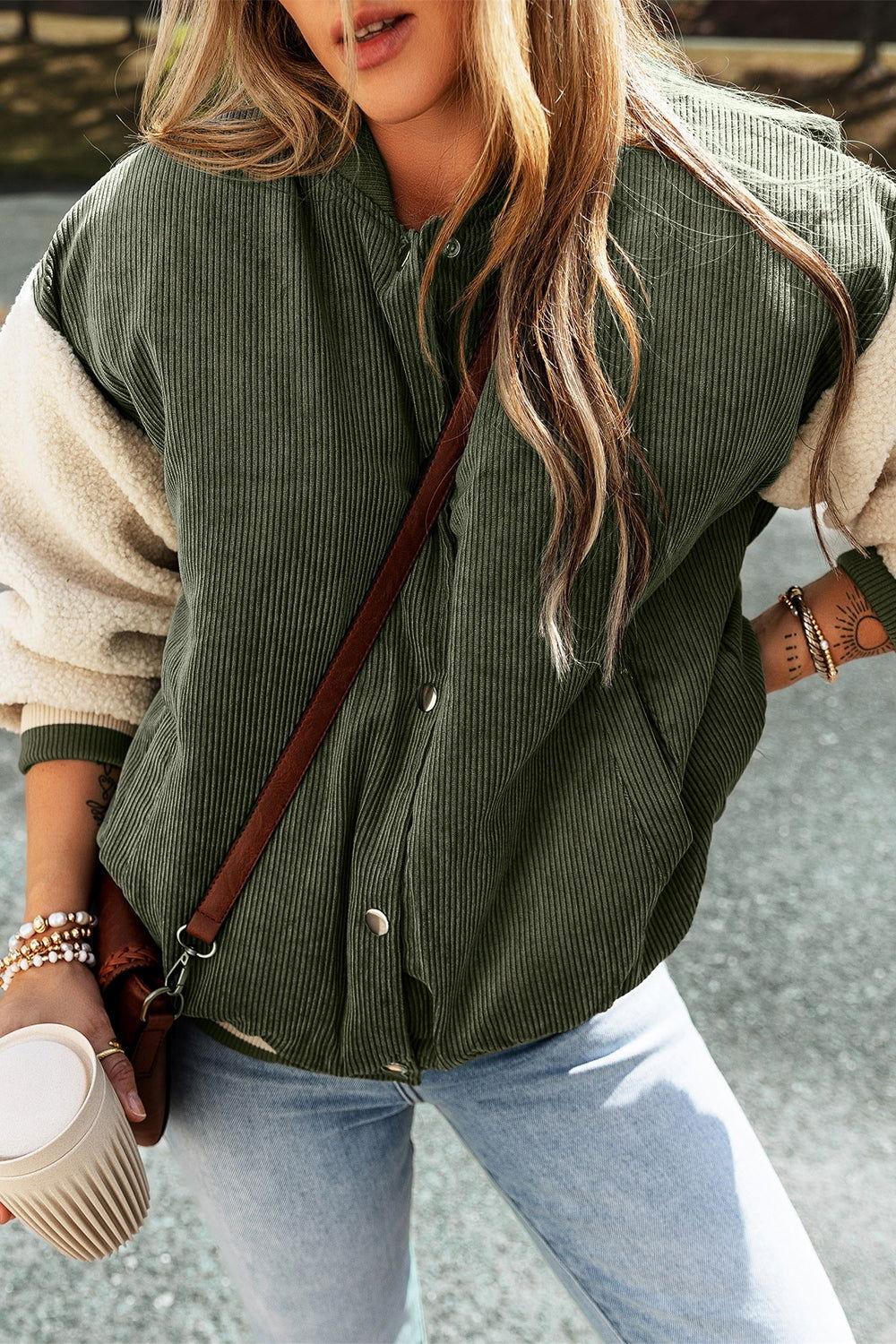 Contrast Baseball Collar Snap Down Long Sleeve Jacket - Clothes For Her Online Store
