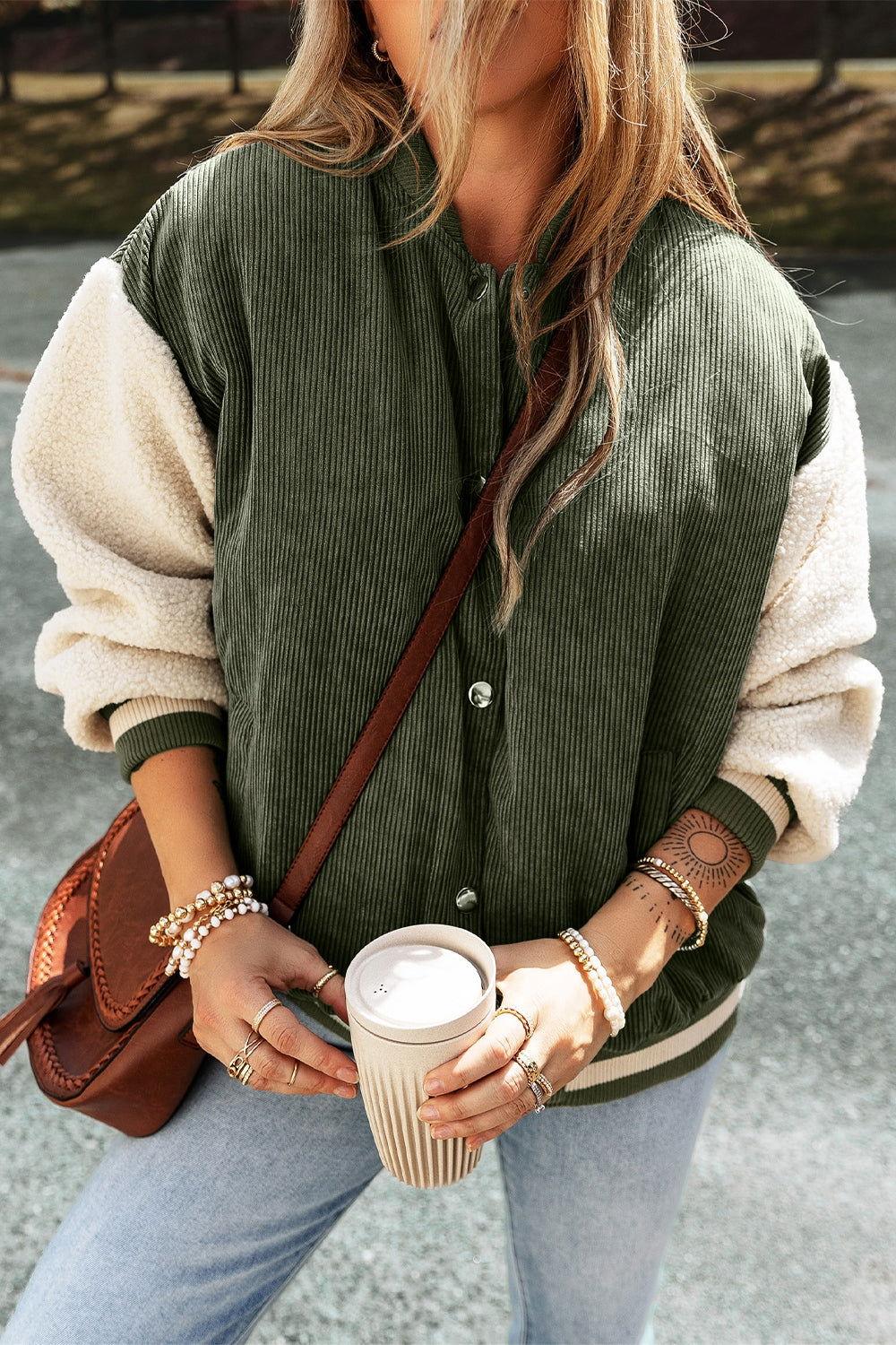 Contrast Baseball Collar Snap Down Long Sleeve Jacket - Clothes For Her Online Store
