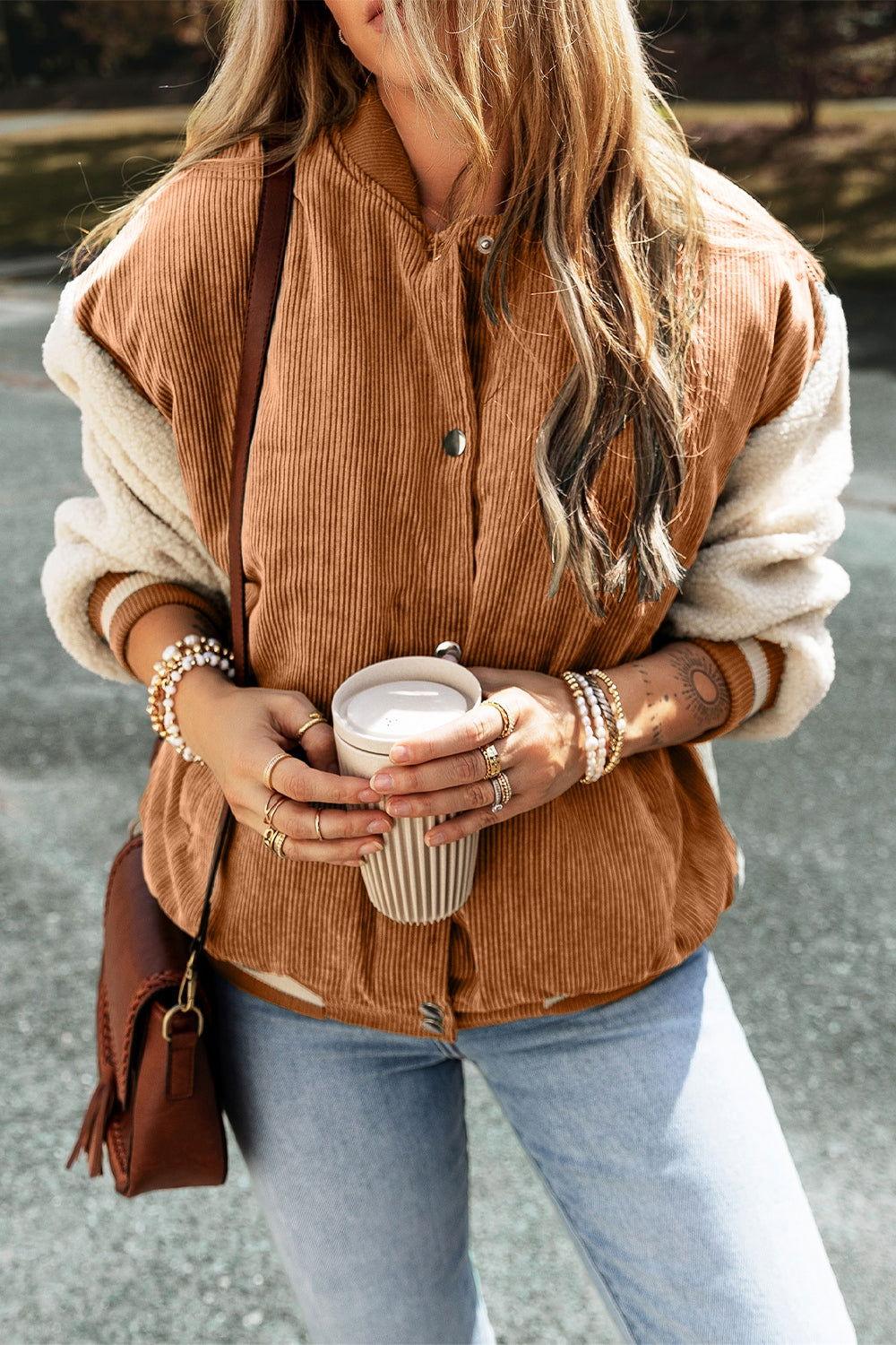Contrast Baseball Collar Snap Down Long Sleeve Jacket - Clothes For Her Online Store