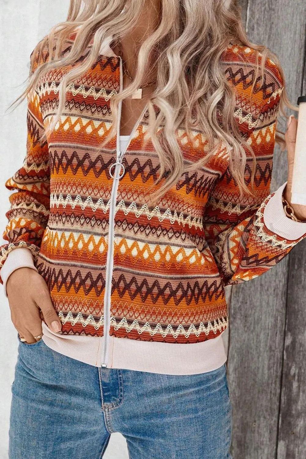 Contrast Baseball Collar Zip Up Jacket - Clothes For Her Online Store