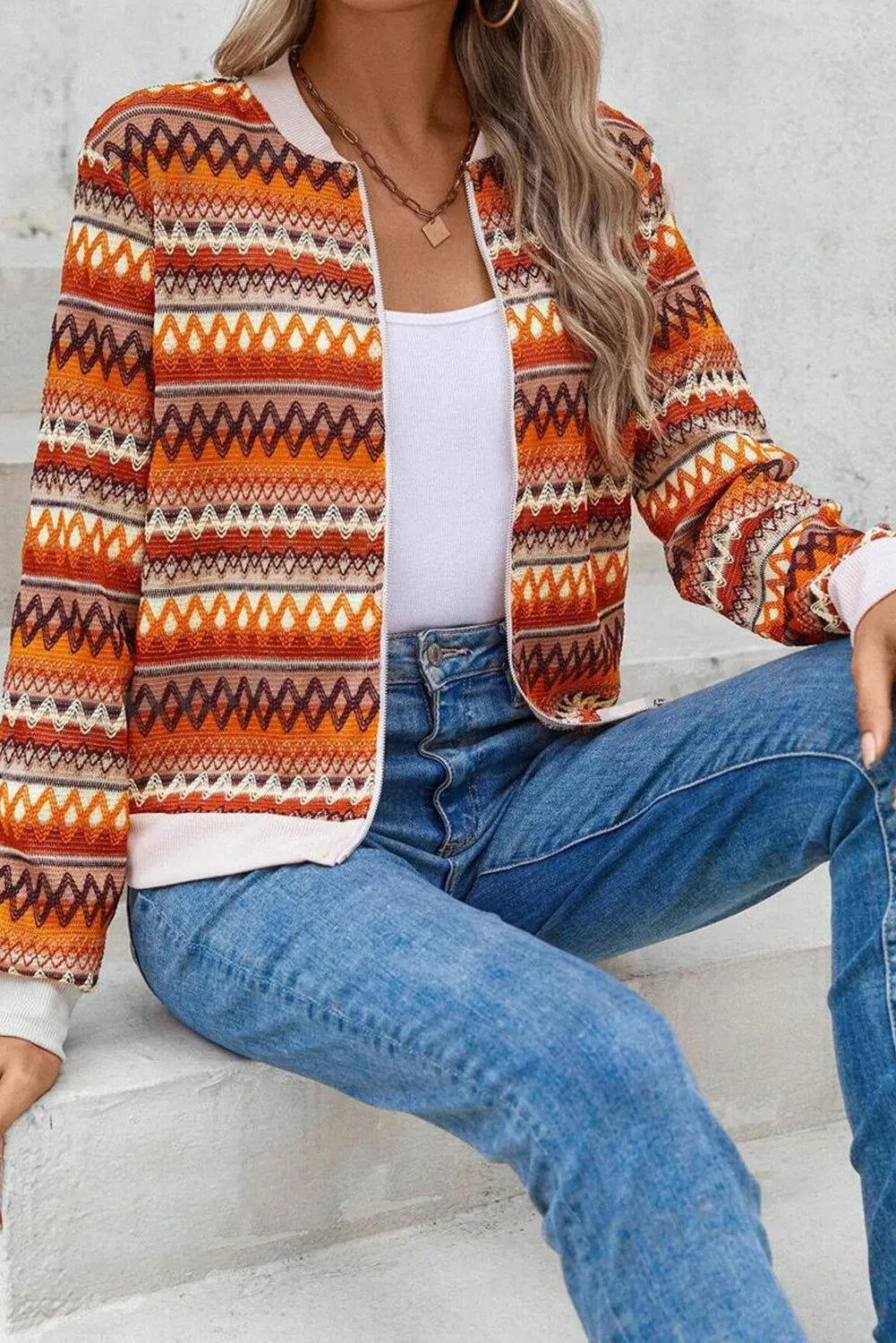Contrast Baseball Collar Zip Up Jacket - Clothes For Her Online Store