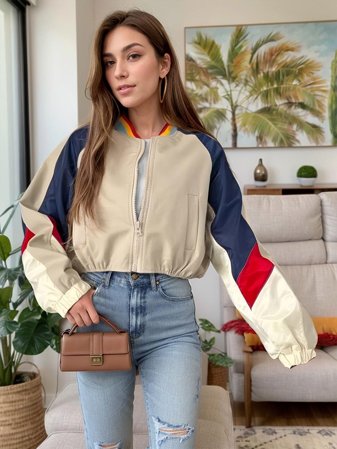 Contrast Baseball Collar Zip Up Long Sleeve Jacket - Clothes For Her Online Store