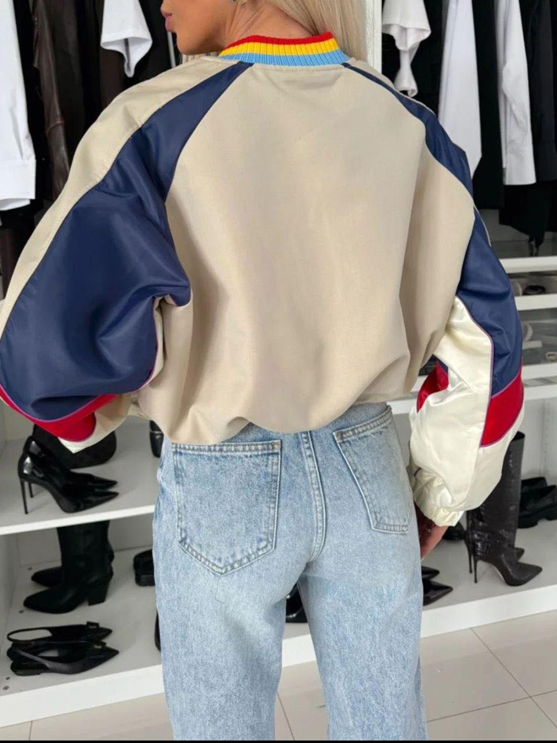 Contrast Baseball Collar Zip Up Long Sleeve Jacket - Clothes For Her Online Store