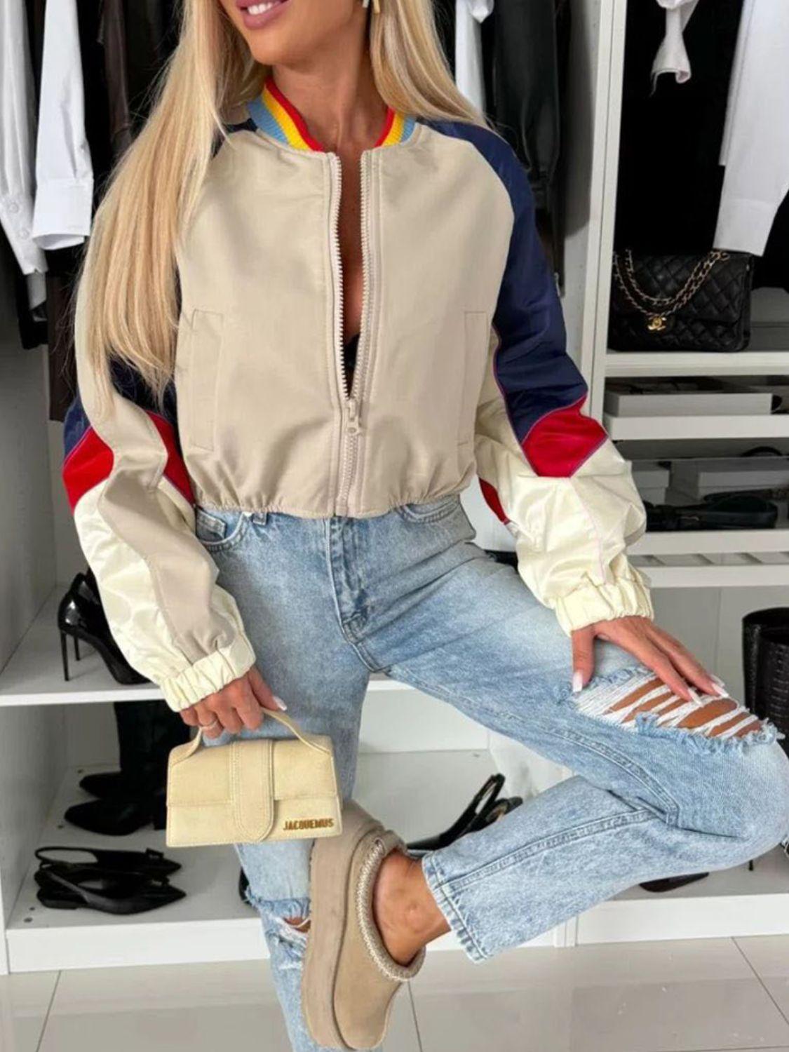 Contrast Baseball Collar Zip Up Long Sleeve Jacket - Clothes For Her Online Store