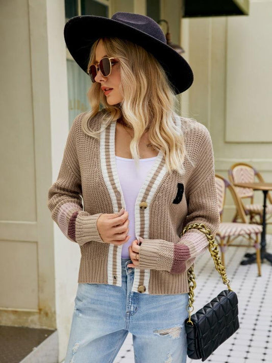 Contrast Button Up Dropped Shoulder Cardigan - Clothes For Her Online Store