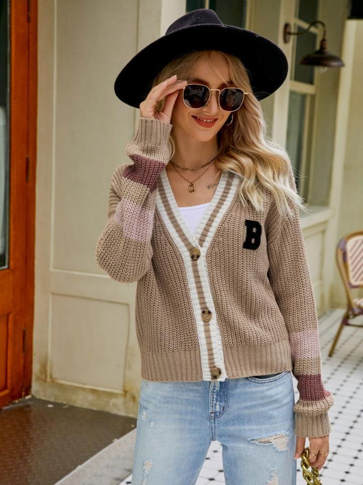 Contrast Button Up Dropped Shoulder Cardigan - Clothes For Her Online Store