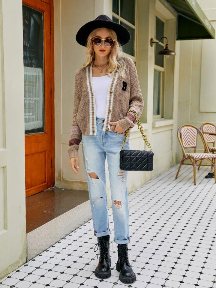 Contrast Button Up Dropped Shoulder Cardigan - Clothes For Her Online Store
