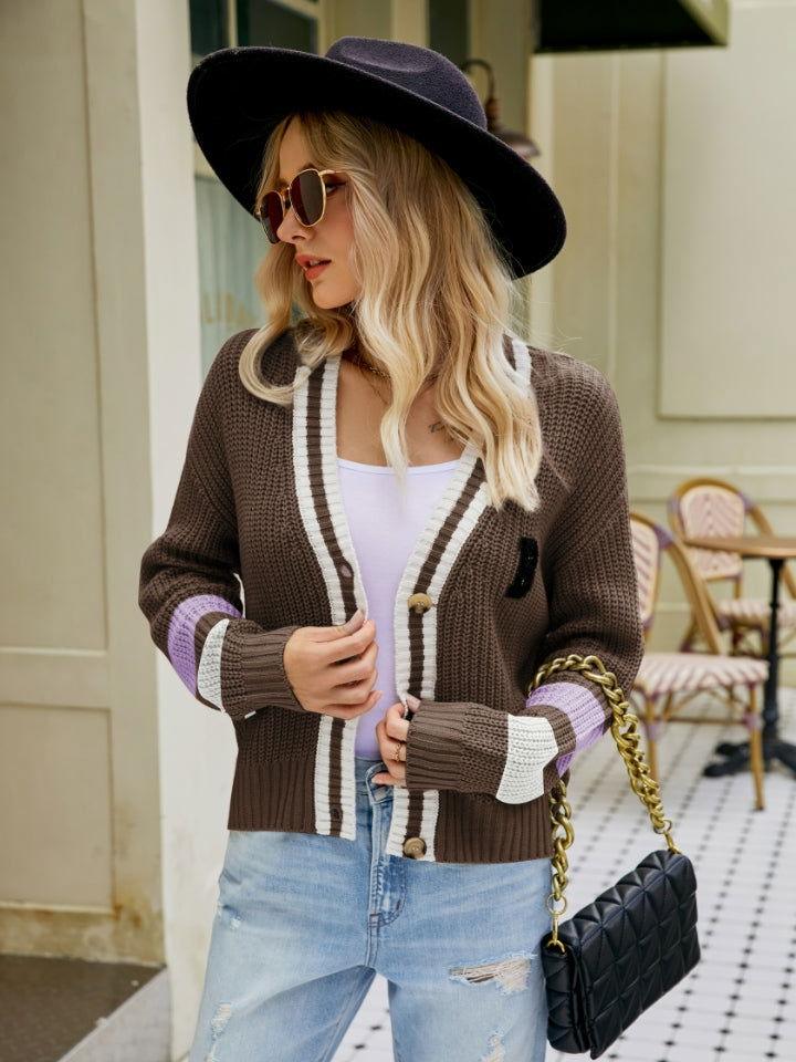 Contrast Button Up Dropped Shoulder Cardigan - Clothes For Her Online Store