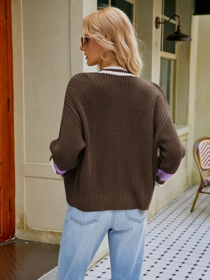 Contrast Button Up Dropped Shoulder Cardigan - Clothes For Her Online Store