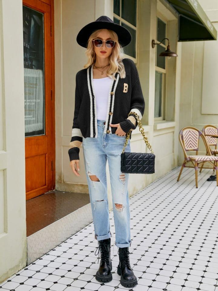 Contrast Button Up Dropped Shoulder Cardigan - Clothes For Her Online Store