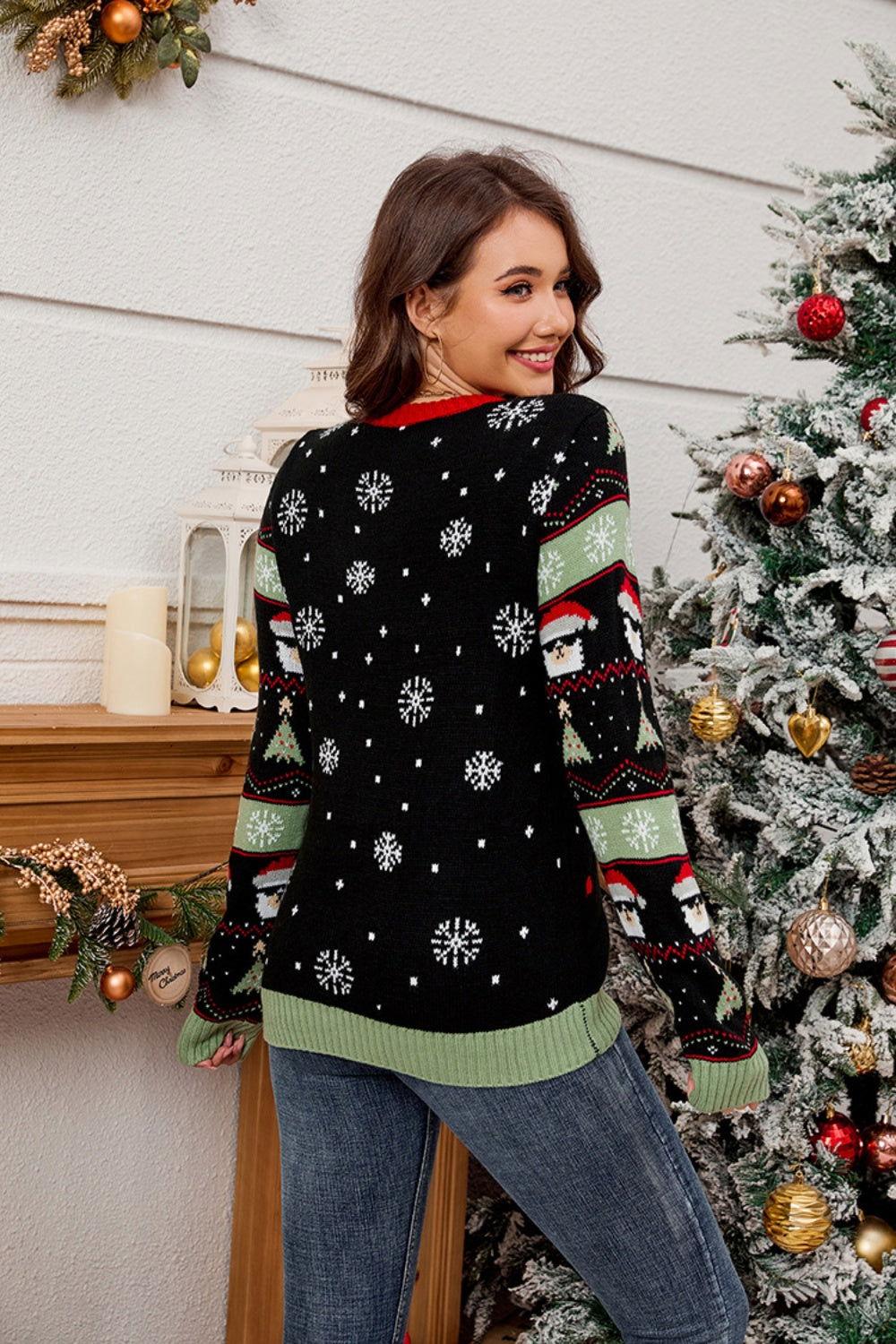 Contrast Christmas Pattern Round Neck Sweater - Clothes For Her Online Store