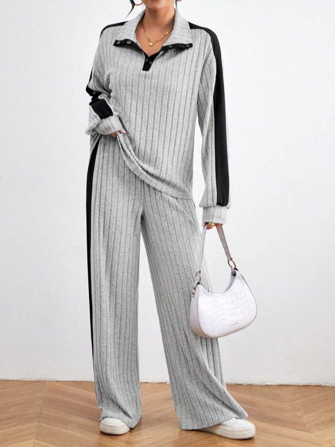 Contrast Collared Neck Long Sleeve Top and Pants Set - Clothes For Her Online Store